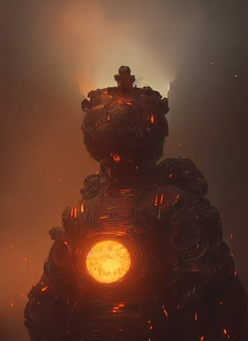 Image similar to a photorealistic dramatic hyperrealistic render of an armored fire golem by wlop, greg rutkowski, alphonse mucha, beautiful dynamic dramatic dark moody lighting, shadows, cinematic atmosphere, artstation, concept design art, octane render, 8 k