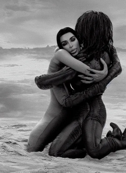 Image similar to film still of kim kardashian hugging an xenomorph in Alien.