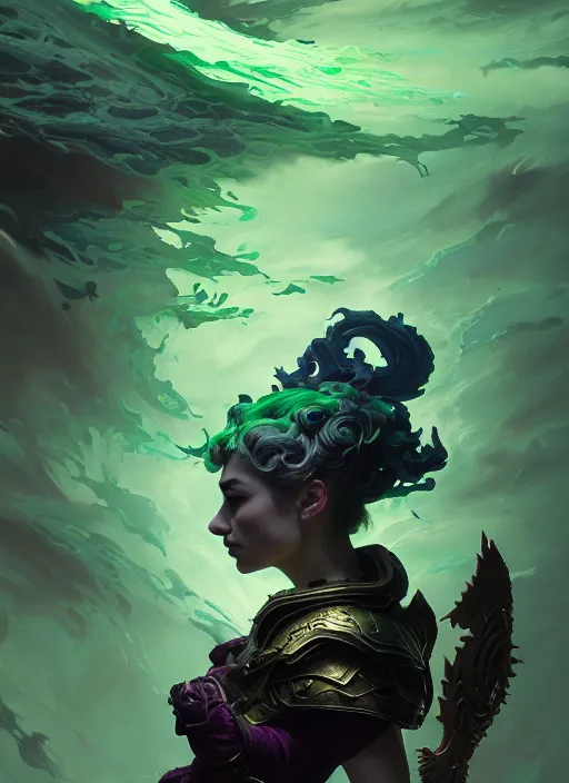 Image similar to side profile, imogen poots, corrupted armor, gloomhaven, luminescent, falling down through endless haunted green swirling souls, evil inky swirly ripples, sickly green colors, by greg manchess, huang guangjian, gil elvgren, sachin teng, greg rutkowski, jesper ejsing, ilya kuvshinov