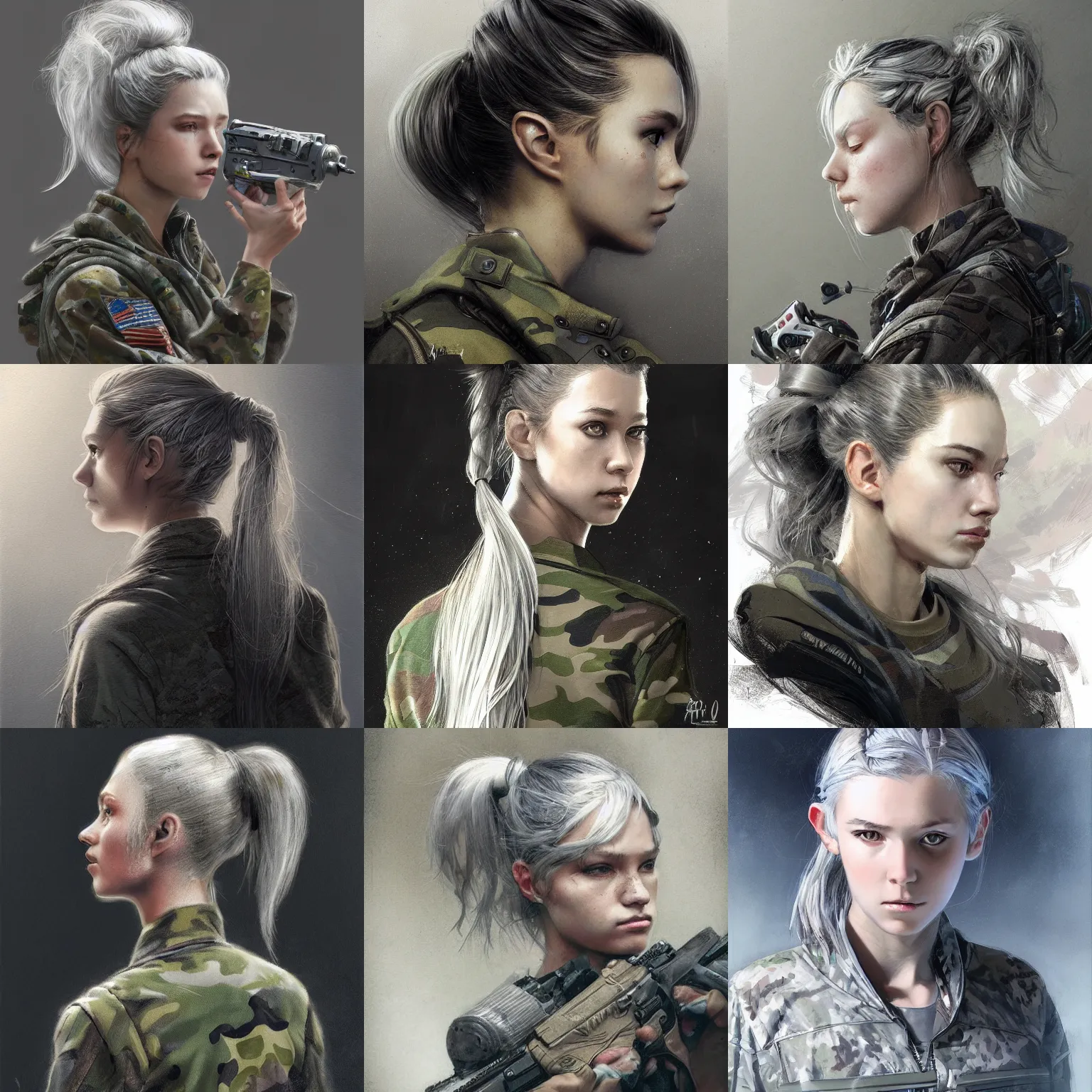 Prompt: girl, silver hair (ponytail), multicam (camo), trending on artstation, detailed, cinematic portrait, ilustration by (((Yoann Lossel and))) Takehiko Inoue