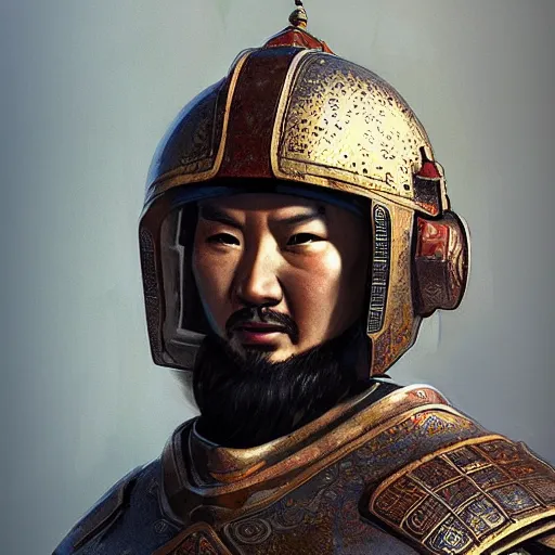 Prompt: genghis khan medieval art, cyberpunk, artstation, hyperrealistic