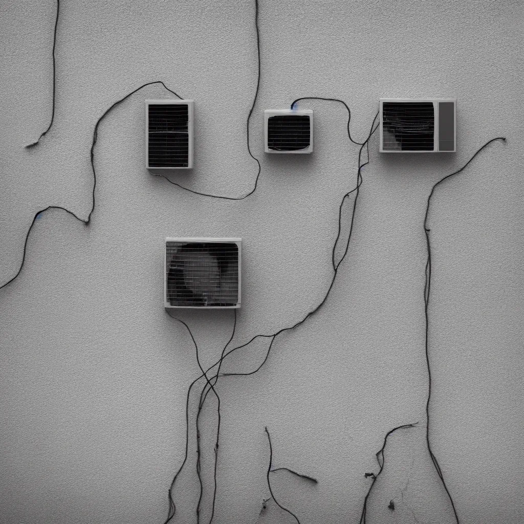 Image similar to close - up seen a profile wall with an air conditioner in the room and an air conditioner on the terrace with water spray faded conneted by transparent cables, depth of field, sunny, ultra realistic, very detailed, 8 k hyper realistic detailed cinematic still by nadav kander