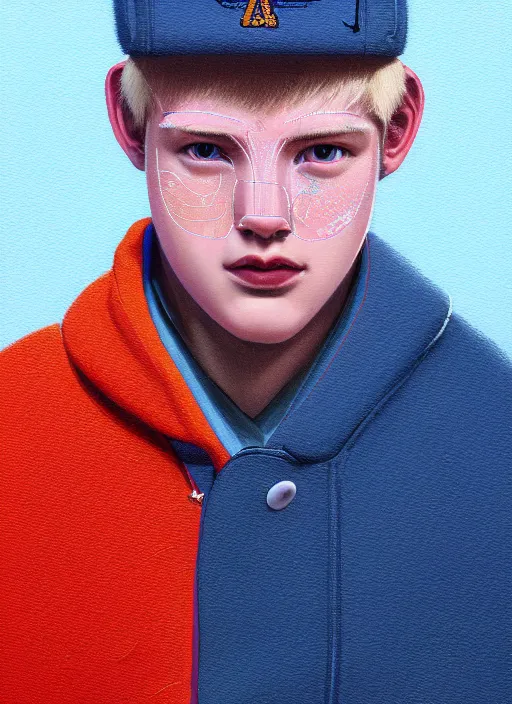 Prompt: portrait of high school senior boy named big moose, blonde short hair, jock, beefy, wide face, square jaw, square facial structure, blue varsity jacket with the word moose, intricate, elegant, glowing lights, highly detailed, digital painting, artstation, concept art, sharp focus, illustration, art by wlop, mars ravelo and greg rutkowski