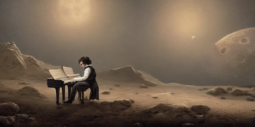 Prompt: digital art, trending on artstation, beethoven playing piano on the moon, lunar landscape, moody