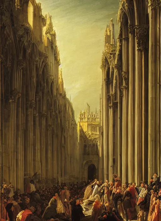 Prompt: lisabeth louise vigee - le brun large crowd of medieval monks gathered at giant gothic ruins cathedral and raising a magical glowing spirit, old master painting with stunning lighting and details photoreal dusk sun lit light