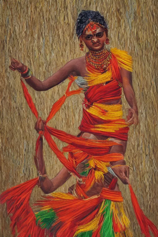 Prompt: a vivid oil painting of a dancer covered in a straw costume, pankararu, Toré