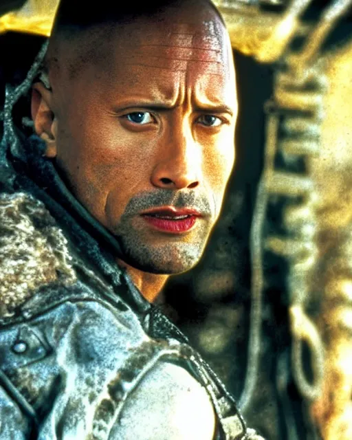 Image similar to film still close up shot of dwayne johnson as max rockatansky in the movie mad max 2 the road warrior. photographic, photography