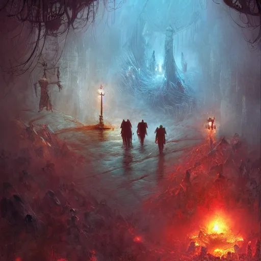 Image similar to Gods walking through hell, fantasy, by Marc Simonetti