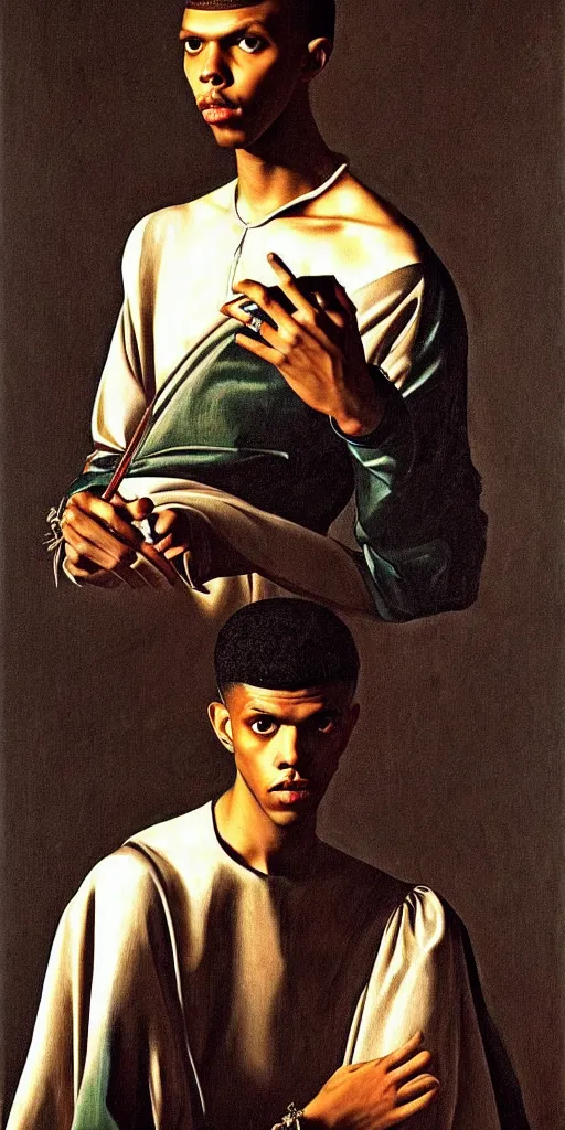 Image similar to a masterpiece painted portrait of stromae as a prince, by caravaggio, epic composition, exquisite details, dark mood,