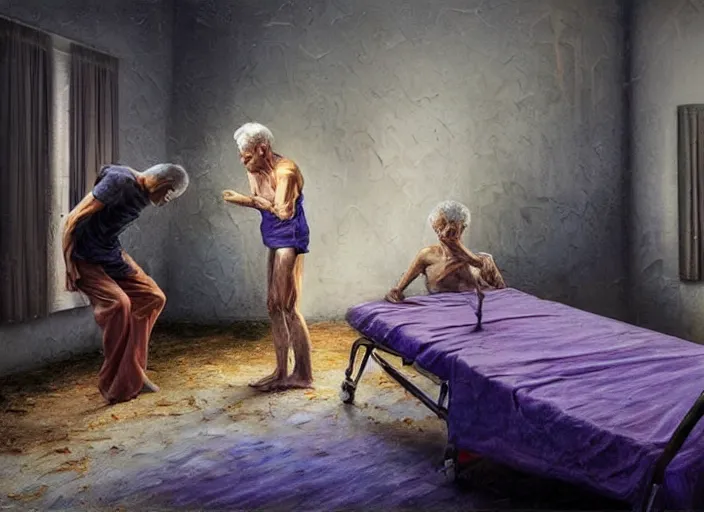 Prompt: skinny, old people doing weird things inside an abandoned room # # # hospital bed # # #, depth of field, hauntingly surreal dystopian, emotionally expressive, highly detailed oil painting, soft light 4 k, red, blue and purple colour palette, cinematic composition, cinematic lighting, masterpiece by greg hildebrandt, and mark brooks