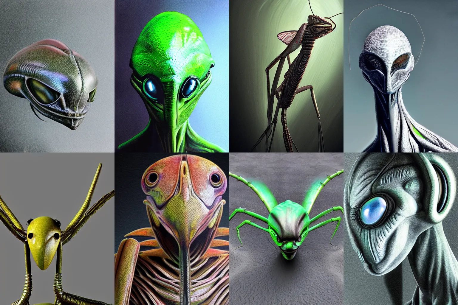 Prompt: organic alien in the form of mantis head, fullbody, hyperrealism, realistic photo, ultra detailed, surreal, heavy, technology, symmetrical front, dramatic lights, gloomy, horor