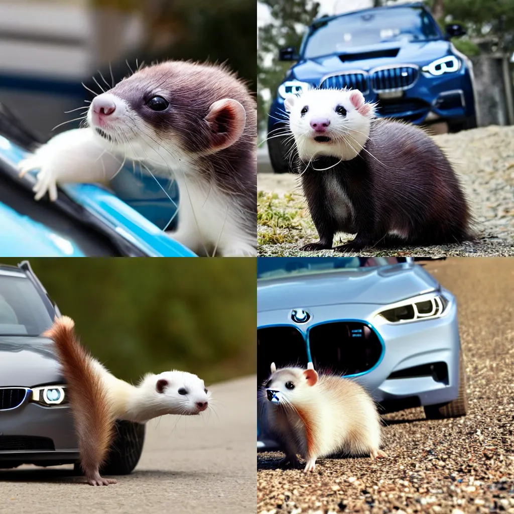 Prompt: a ferret driving a BMW