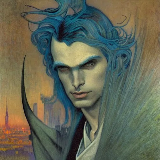 Prompt: realistic detailed portrait painting of a beautiful mysterious man with devil horns standing in a city at night background by Jean Delville, Amano, Yves Tanguy, Alphonse Mucha, Edward Robert Hughes, Roger Dean, rich moody colours, blue eyes