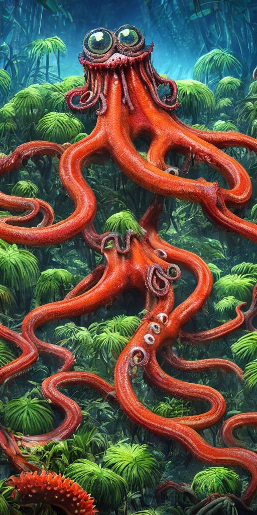 Image similar to of a tropical rainforest lake with strange cute friendly happy creatures with huge eyes, mouth, long tongue, round teeth and tentacles appearing from sandy coral, in the style of gehry and gaudi, macro lens, shallow depth of field, ultra detailed, digital painting, trending artstation, concept art, illustration, cinematic lighting, photorealism, epic, octane render