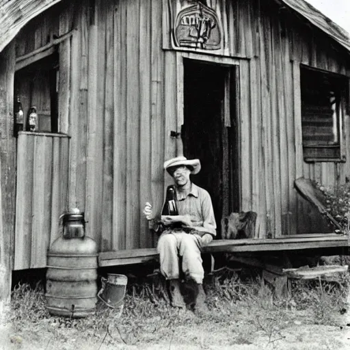 Image similar to a hillbilly drinking a bottle of beer infront of his shack home, blue overalls, redneck, photograph, 1 9 1 7, colorized, high quality, high resolution