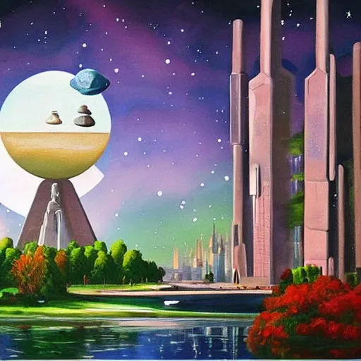 Image similar to Beautiful city of the future in harmony with nature. Spaceship in the background. Nice colour scheme, soft warm colour. Beautiful painting by Lurid. (2022)