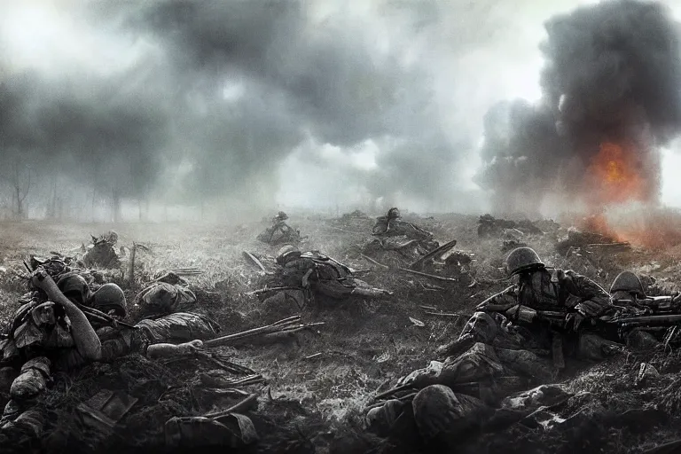 Prompt: chaotic battlefield, multiple soldiers on the ground!, thick dark smoke!, vehicles on fire, heavy rain from thick clouds, storm, overgrowth, (mushroom cloud) in the background, bleak, melancholy atmosphere, band of brothers, bf1942, 4k artwork by Gregory Crewdson and Grzegorz Domaradzki and Ivan Shishkin and Jakub Rozalski
