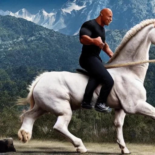 Prompt: Dwayne Johnson riding a licorn