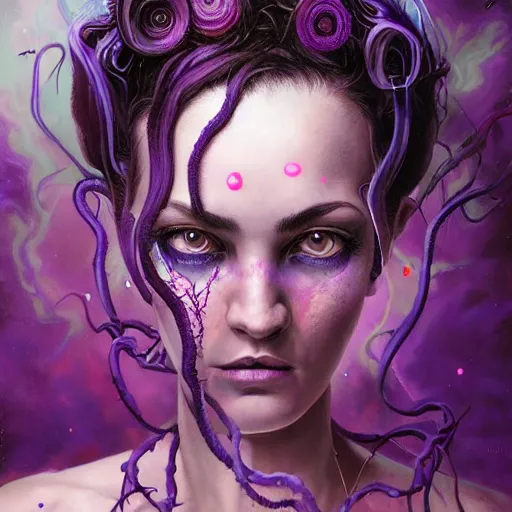 Image similar to art portrait of a furious girl with think, hair-like purple tentacles on her head and bright purple eyes, 8k,by tristan eaton, Stanley Artgermm,Tom Bagshaw,Greg Rutkowski,Carne Griffiths,trending on DeviantArt, face enhance,hyper detailed ,full of colour,