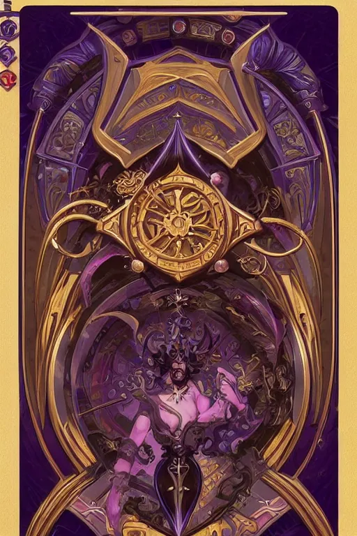 Image similar to Boardgame card, with ornamental edges, sharp, symmetrical, Lovecraftian, purple, gold, black and blue, tzeentch, by greg rutkowski and alphonse mucha, 8k, trending on artstation