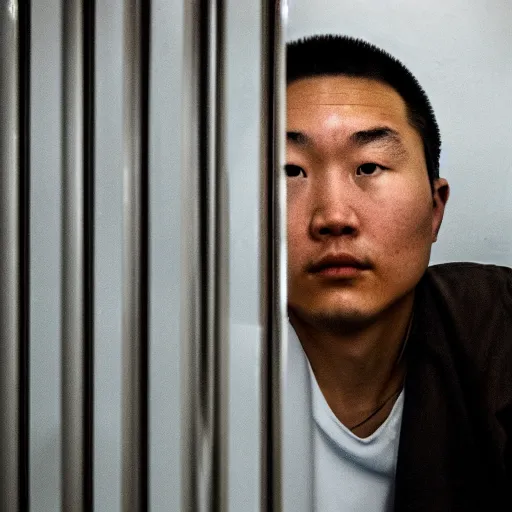 Prompt: an 8 5 mm portrait of a justin sun in prison looking through the bars of his cell, by annie leibovitz, shallow depth of field, cinematic lighting