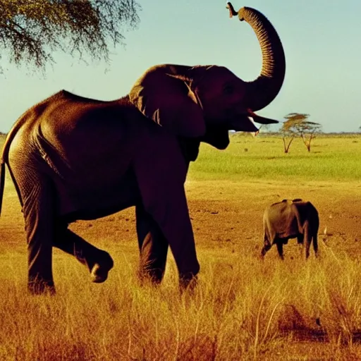 Image similar to film matrix ( 1 9 9 9 ) film still of shot of an tribal african man riding an elephant alone on the savannah, extreme long shot, 4 k, award winning