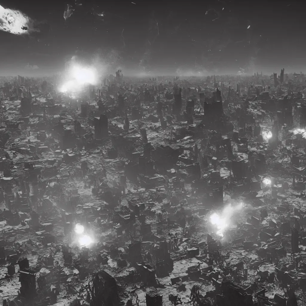 Prompt: a highly detailed atomic bomb detonated above the city, 8 k, chaotic atmopshere, unreal engine, cinematic, touching, very detailed
