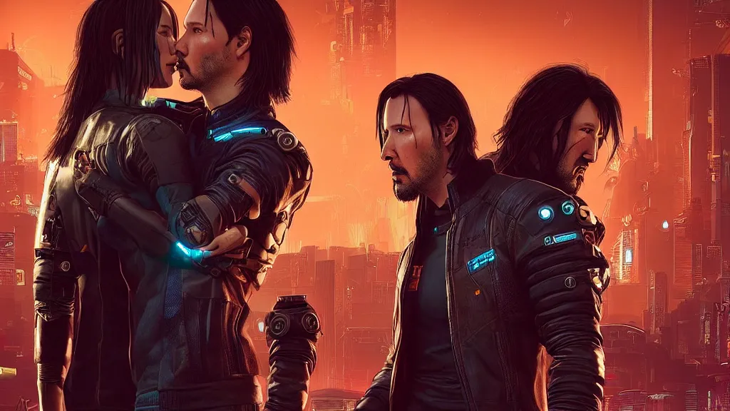 Image similar to a cyberpunk 2077 couple portrait of one Keanu Reeves and one female android final kiss,love,film lighting,by Laurie Greasley,Lawrence Alma-Tadema,Andrei Riabovitchev,Dan Mumford,John Wick,Speed,Replicas,artstation,deviantart,FAN ART,full of color,Digital painting,face enhance,highly detailed,8K,octane,golden ratio,cinematic lighting