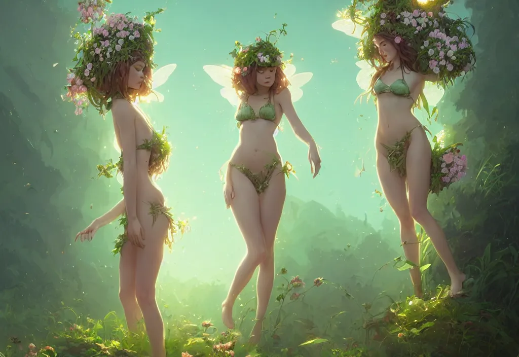 Prompt: two beautiful fairy women with crown of flowers in plants bikini, fantasy, by atey ghailan, by greg rutkowski, by greg tocchini, by james gilleard, by joe gb fenton, dynamic lighting, gradient light green, brown, blonde cream and white color in scheme, grunge aesthetic