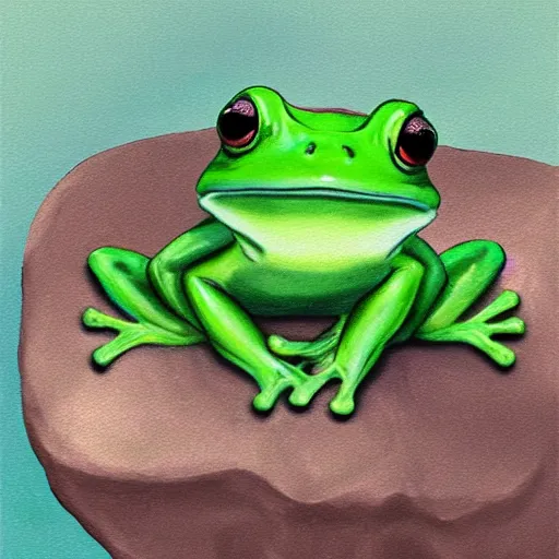 Image similar to cutest frog sitting on a rock and sing, digital painting