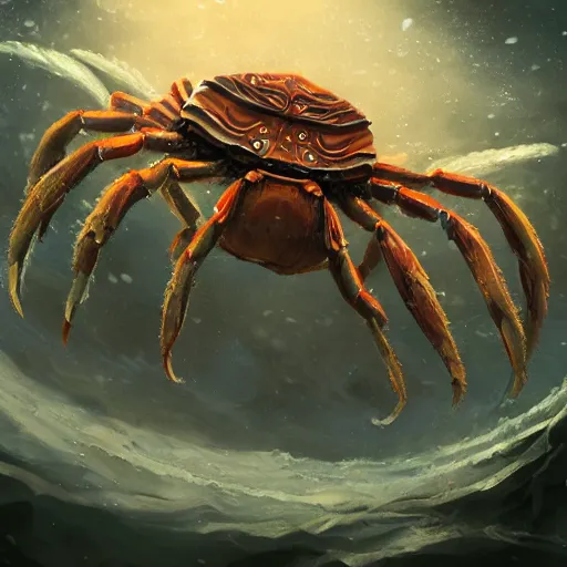 Image similar to A portrait of a giant crab wizard, 4k, fantasy, D&D, traditional art, highly detailed, full body shot, shallow depth of field, bokeh, professional lighting