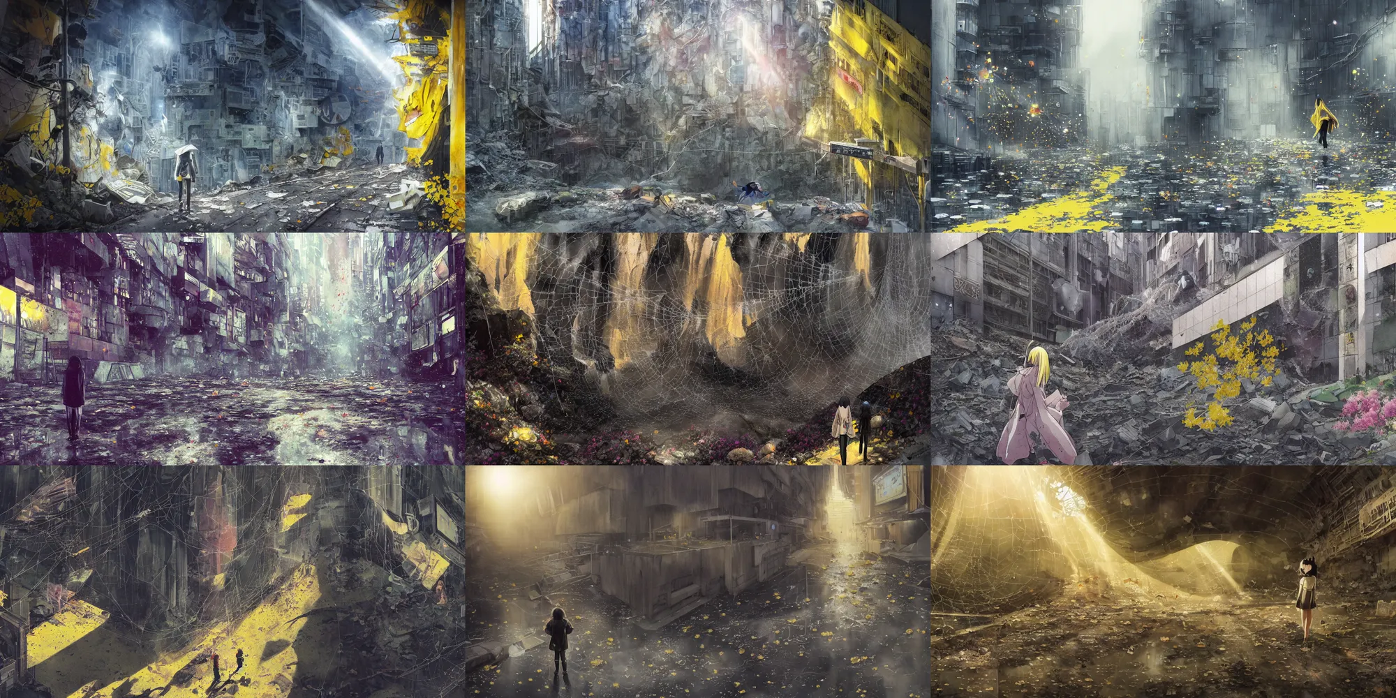 Prompt: anime movie scene, mamoru oshii, otomo, ultra wide, vanishing point, hoody woman explorer, watercolor, crater, chasm, collapse, sinkhole, spiderwebs, flowers, billboards, sun beam, dusty volumetric lighting, rim light, paper texture, puddles, deserted shinjuku junk, brutalist, underpass, yellow, red