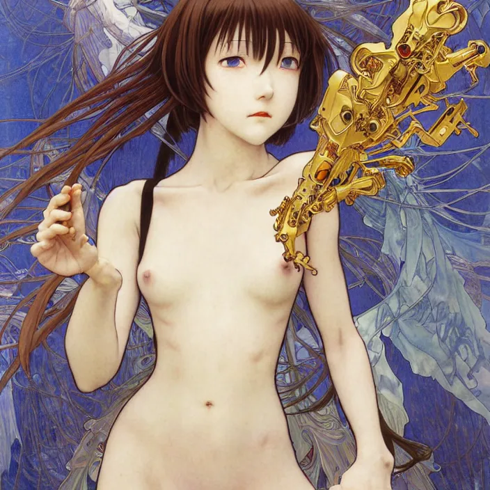 Prompt: rei ayanami, lain iwakura, rei ayanami plug suit, female anime character, realistic detailed painting of a 1 6 - year old girl who resembles millie bobby brown, as an angel with a golden halo wearing intricate, detailed art nouveau armor and silk, by alphonse mucha, ayami kojima amano, charlie bowater, karol bak, greg hildebrandt