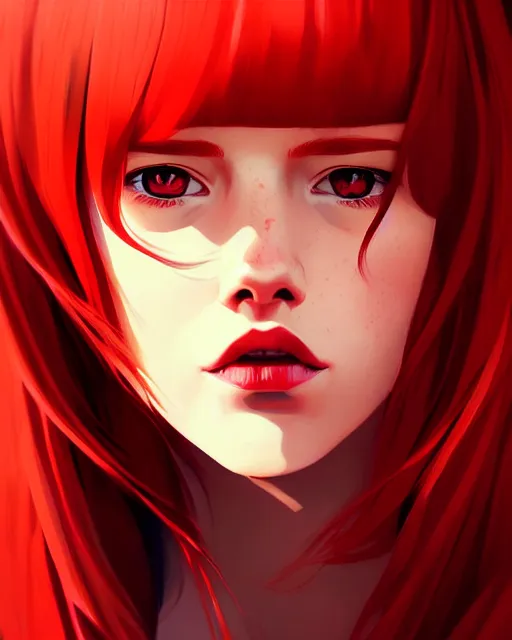 Image similar to a detailed portrait of an attractive woman with red hair and freckles by ilya kuvshinov, digital art, dramatic lighting, dramatic angle