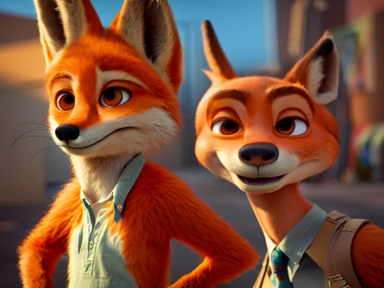 Image similar to a film still from zootopia main character portrait anthro anthropomorphic fox head animal person fursona nick wilde pixar and disney animation, sharp, rendered in unreal engine 5, anime key art by greg rutkowski, bloom, dramatic lighting