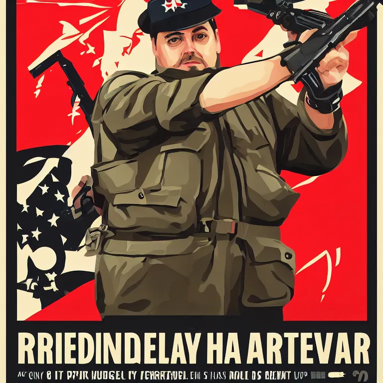 Image similar to propaganda poster rich evans holding a luger, 8 k, trending on artstation