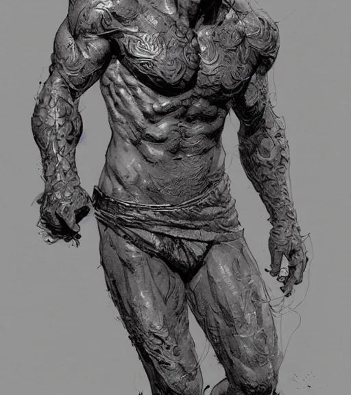 Image similar to bronze - skinned handsome boy, cartoon character, pen and ink, intricate line drawings, by craig mullins, ruan jia, kentaro miura, greg rutkowski, loundraw