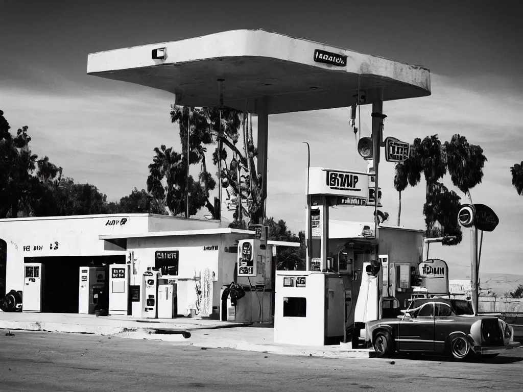 Image similar to “A black and white 28mm photo of a vintage gas station in Los Angeles by estevan oriol”
