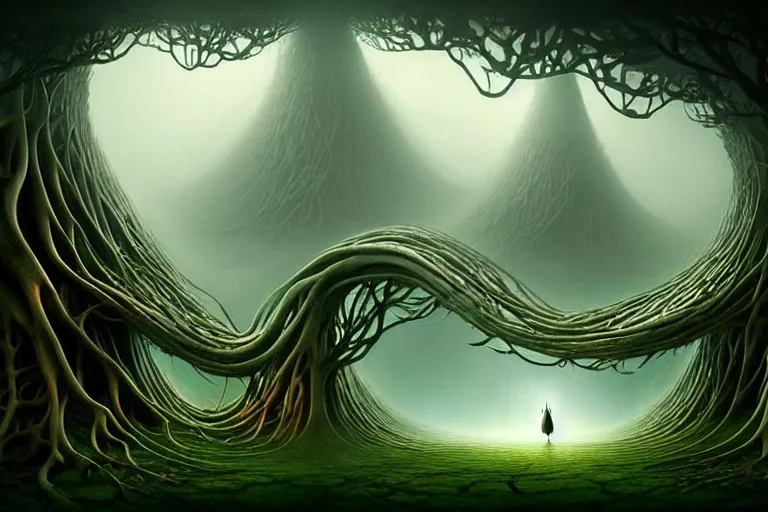 Prompt: an epic elegant mysterious beguiling masterpiece fantasy matte painting of an impossible path winding through forest dream worlds with surreal architecture designed by heironymous bosch, structures inspired by heironymous bosch's garden of earthly delights, surreal root interiors by cyril rolando and asher durand and natalie shau, insanely detailed, whimsical, intricate, sharp focus, elite