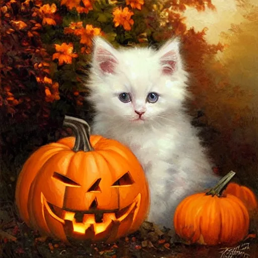Prompt: a cute fluffy kitten amidst piles of pumpkins. halloween autumn fall art. beautiful painting by henriette ronner - knip and artgerm and greg rutkowski