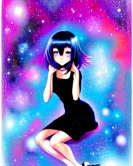 Prompt: portrait of an attractively cute young woman with amazingly dyed medium length hair wearing a short tight black dress think about the galaxy, art by Range Murata and Artgerm.