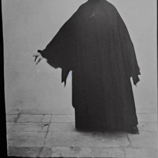 Prompt: black and white grainy newspaper photo from 1898 of an old spooky lady in black suit, horror, high detail