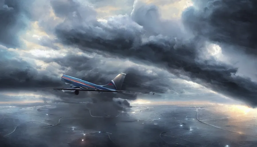 Prompt: Aircraft crossing thunderstorms, hyperdetailed, artstation, cgsociety, 8k