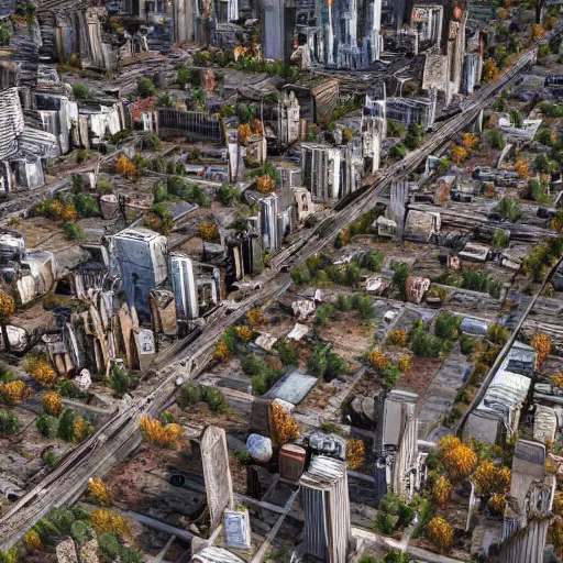 Image similar to top down aerial view of dilapidated manhatten in real life, desolate with zombies, dilapidated, zombies in the streets, nightmarish, some rusted style parked vehicles, sunny weather, few clouds, volumetric lighting, photorealistic, daytime, autumn, sharp focus, ultra detailed, cgsociety