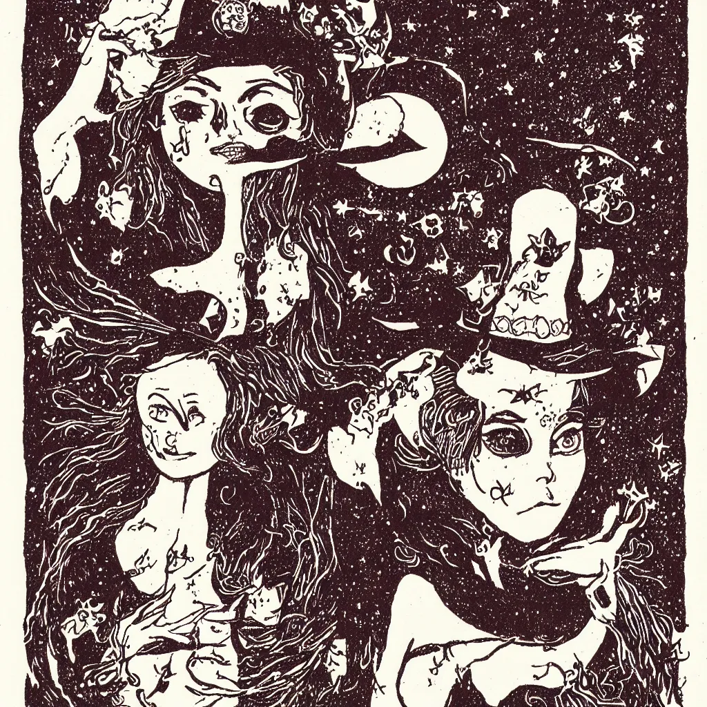 Image similar to risograph of a halloween witch, cute, minimalist,