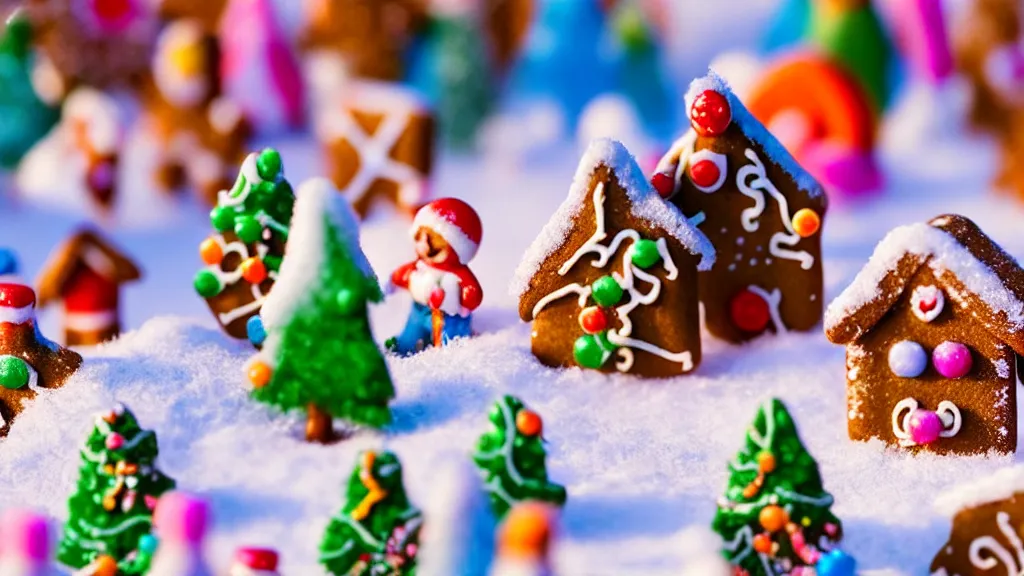 Prompt: closeup of miniature gingerbread candy village, colorful, fantasy, fairytale, forest, halloween, snow, bokeh, depth of field 1 0 0 mm, cinematic scene, studio quality, visually stunning, unreal engine, octane render, trending on artstation, artgerm, cgsociety