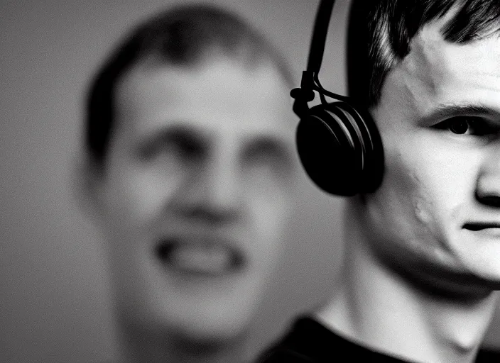 Image similar to headshot of vitalik buterin in headphones. vitalik buterin, perfect symmetric face, coherent eyes, fine details., 4 k, ron cobb, hans zatska