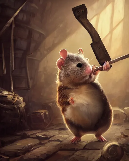 Image similar to oil painting of anthropomorphized hamster hitting floor with pickaxe, steampunk clothes, close shot, full body, dark steampunk mine shaft background, sharp focus, fantasy style, octane render, volumetric lighting, 8k high definition, by greg rutkowski, highly detailed, trending on art Station, dungeons and dragons artwork, centered