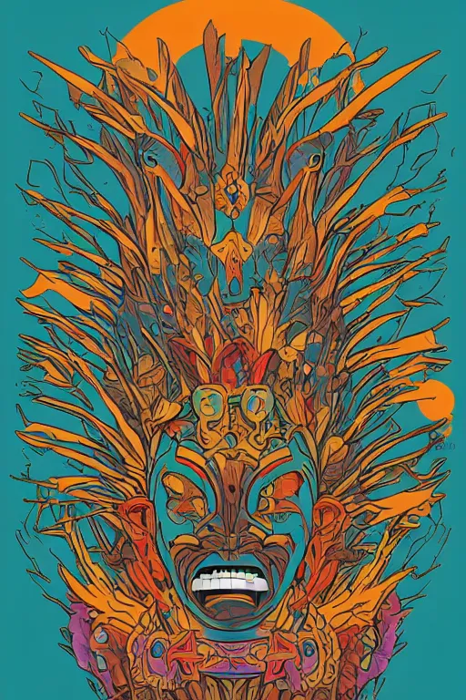 Image similar to animal mask totem roots flower tribal feather gemstone plant wood rock shaman vodoo video game vector cutout illustration vivid multicolor borderlands comics by josan gonzales and dan mumford radiating a glowing aura