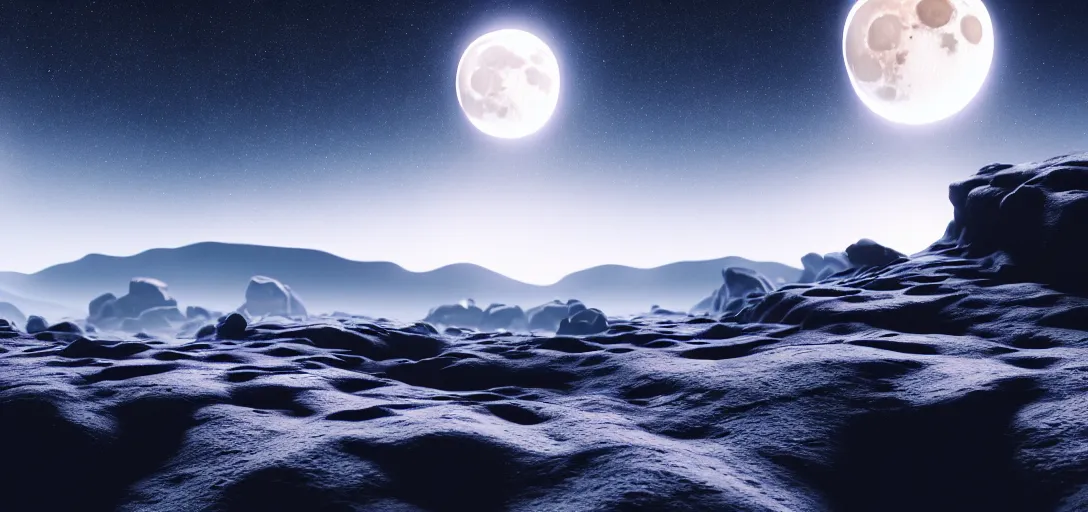 Image similar to octane render uhd, filmic lighting, cinematic art shot, hyperrealistic, hyperdetailed, super detailed, 8 k, high resolution, moon landscape, white rocks made of bone, 8 k uhd matte painting, mega high white mountain, midnight